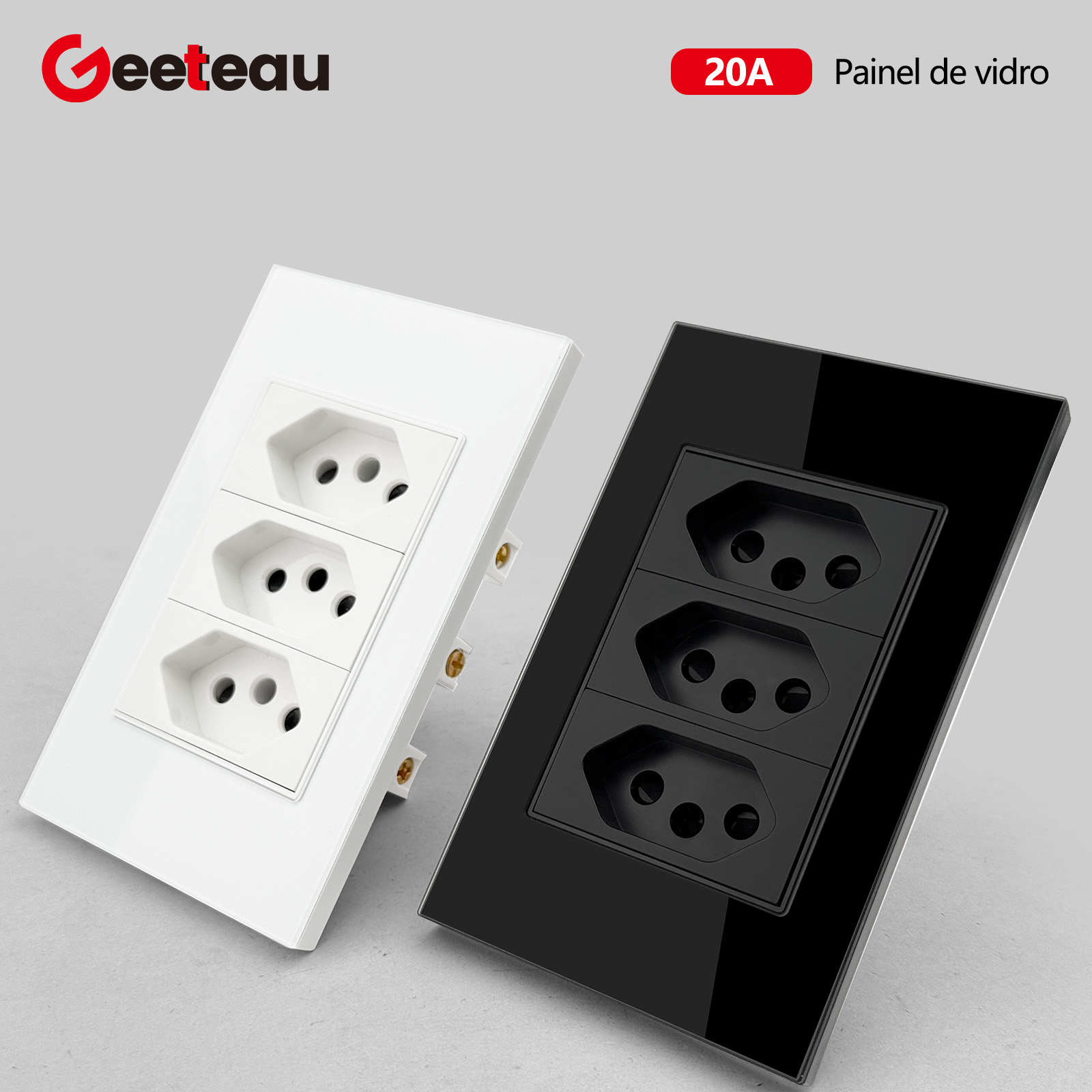 Home Improvement Outlet - เต้ารับไฟฟ้าแบบสามช่องมาตรฐานบราซิล Geeteau 20A แผงกระจกนิรภัยทนทาน สีดำขาว สำหรับปรับปรุงบ้าน